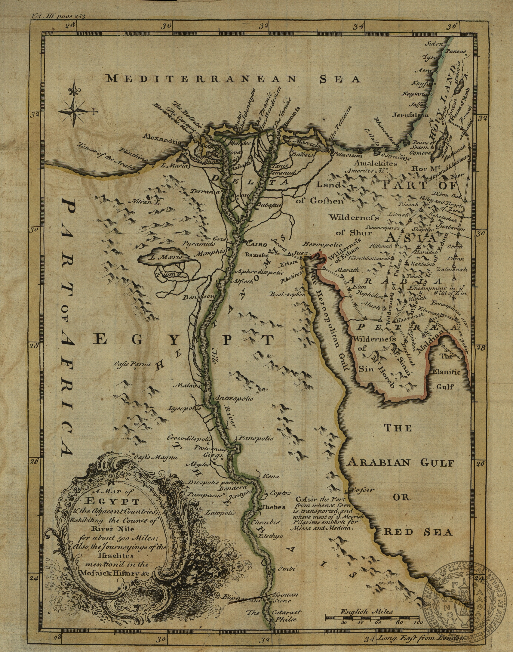 A map of Egypt and the adjacent countries exhibiting the course of river Nile for about 500 miles, also the journeyings of the Israelites mentioned in the Mosaick History etc.